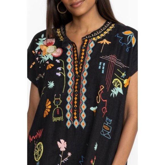 Johnny Was Lemona Dress Floral Embroidery Linen Button Short Flowers Black NEW - Picture 11 of 14